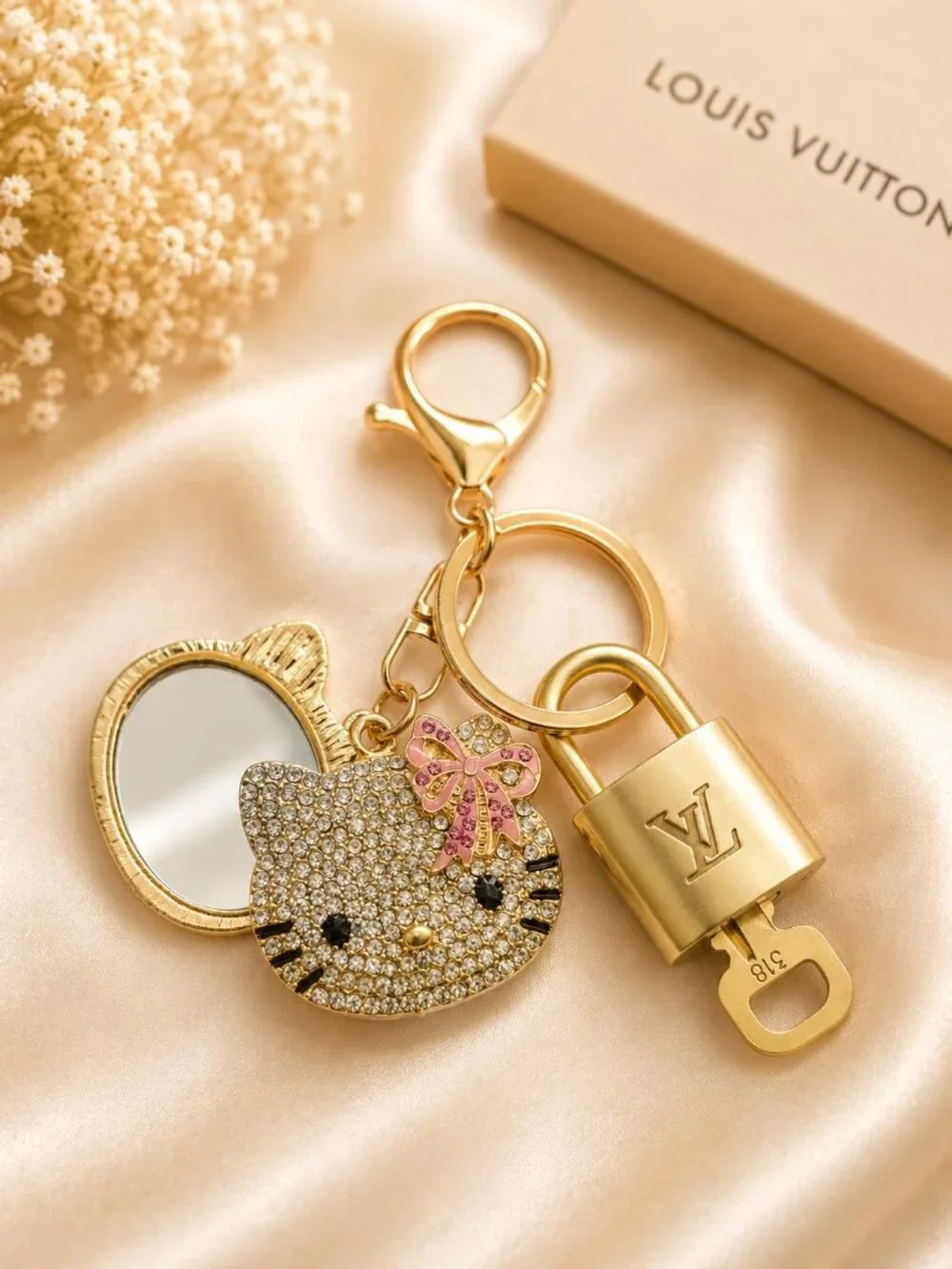 Louis Vuitton Authentic Gold Padlock 🔑 Key + Stylish Unbranded Cat Charm